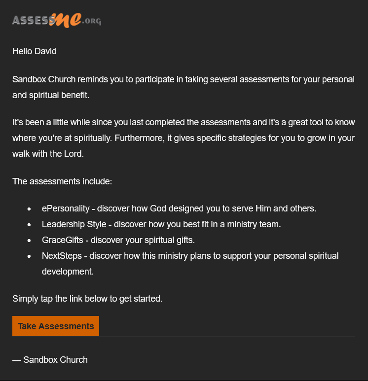 A screenshot of an auto-reminder by AssessME.org.