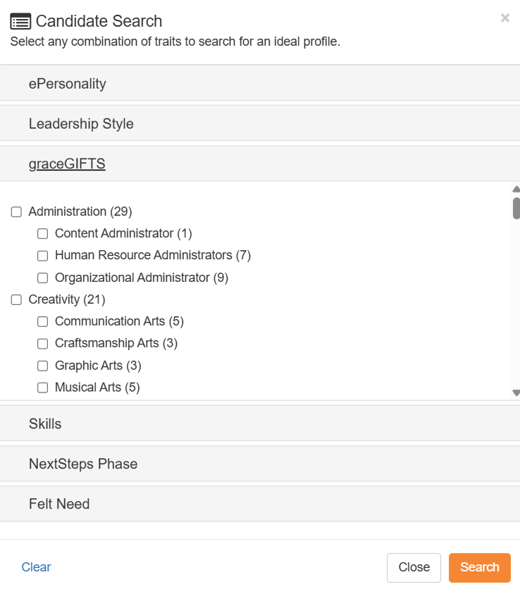 Screenshot of AssessME.org candidate search engine for spiritual gifts.