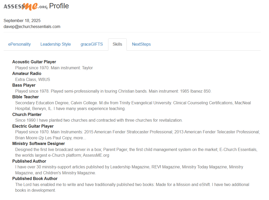 Screenshot of skill details from the AssessME.org church mobilization platform.