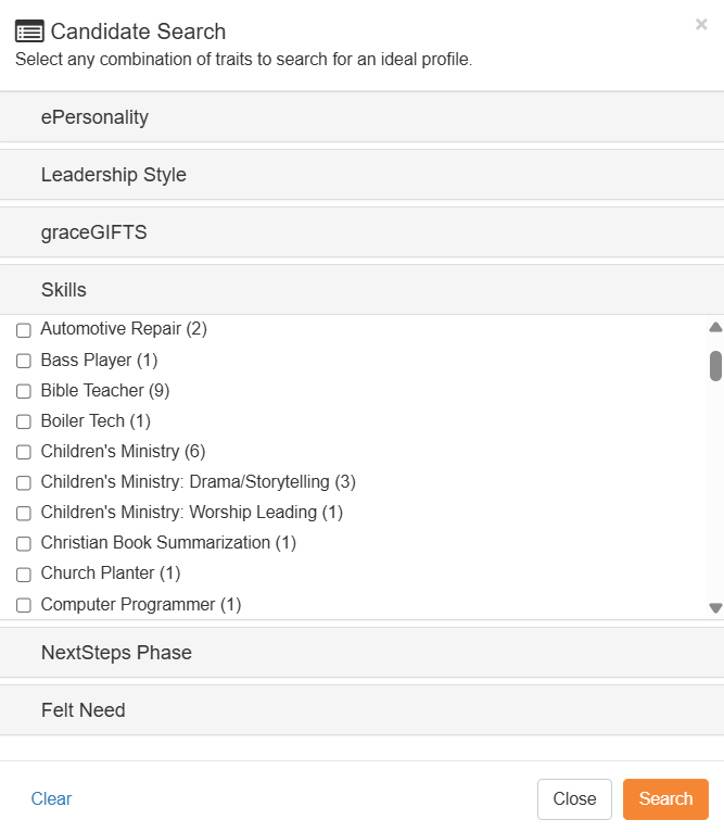 Screenshot of the Skills search engine within AssessME.org.