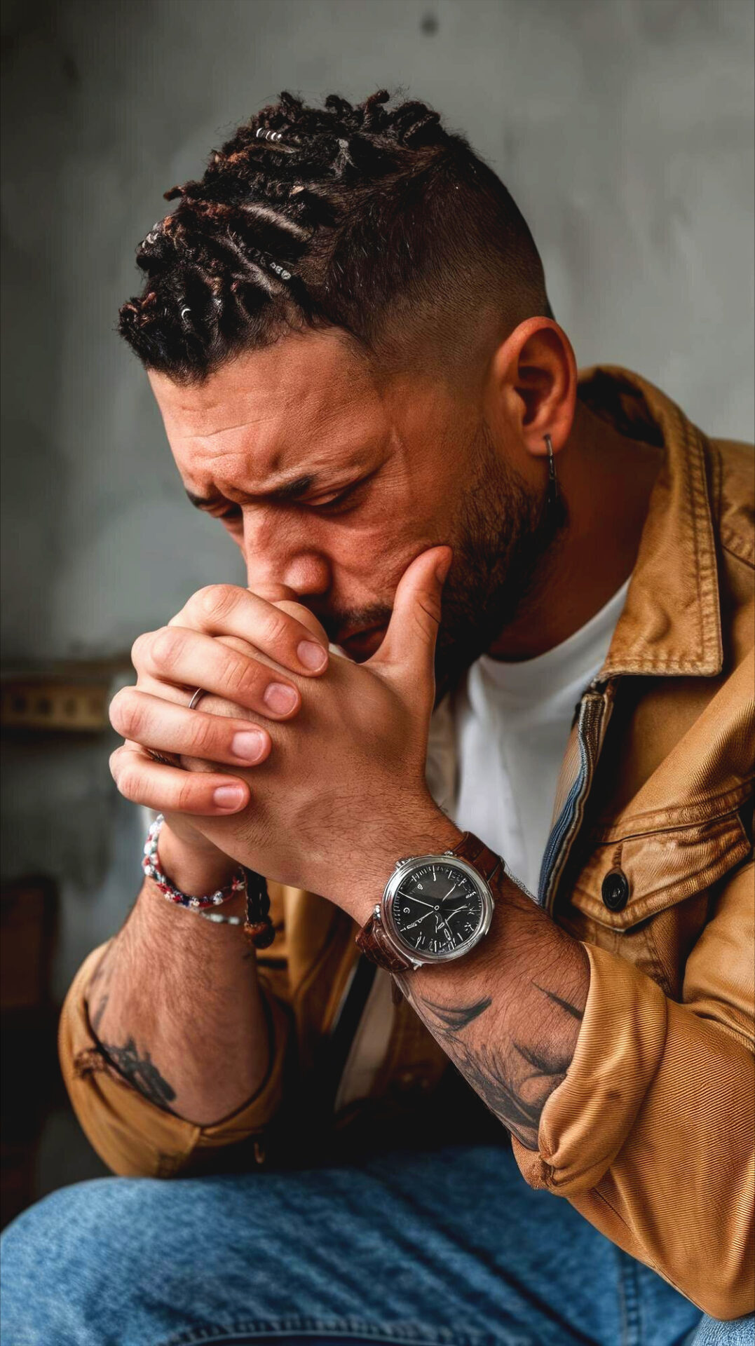 Man in stress, experiencing negative felt needs, praying intensely to God for help.