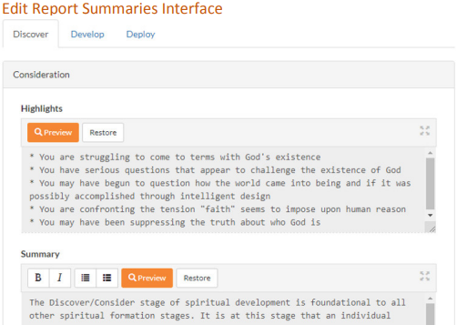 This graphic displays the process for editing the report summaries within the NextSteps Discipleship Tracking Program by AssessME.org.