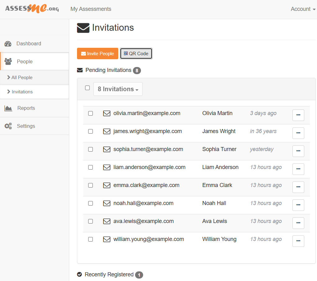 Screenshot of the new Invite interface by AssessME.org